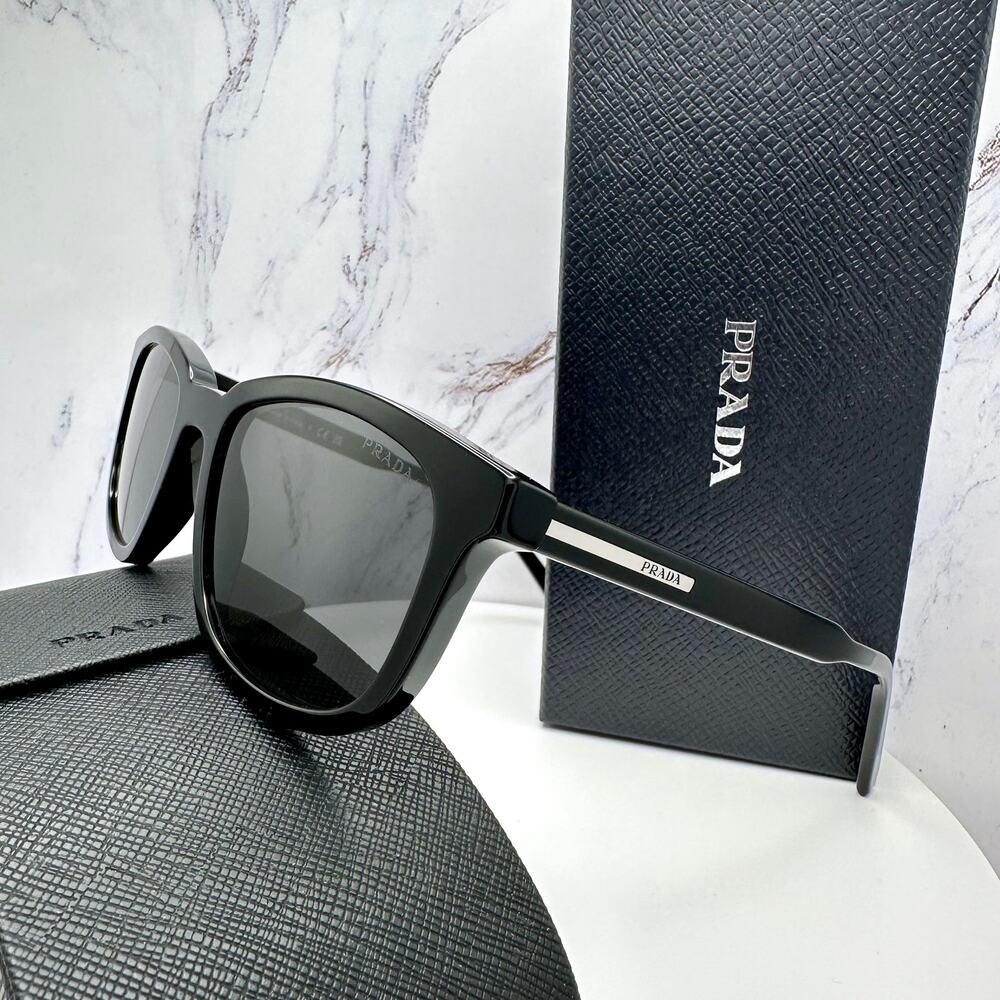 New PRADA Sunglasses Black Acetate Square Silver Metal Logo 53mm Gray Lens - Picture 12 of 16